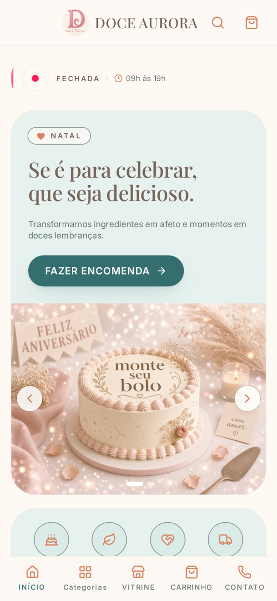 Página inicial do catálogo com a paleta Azul petróleo + Pêssego