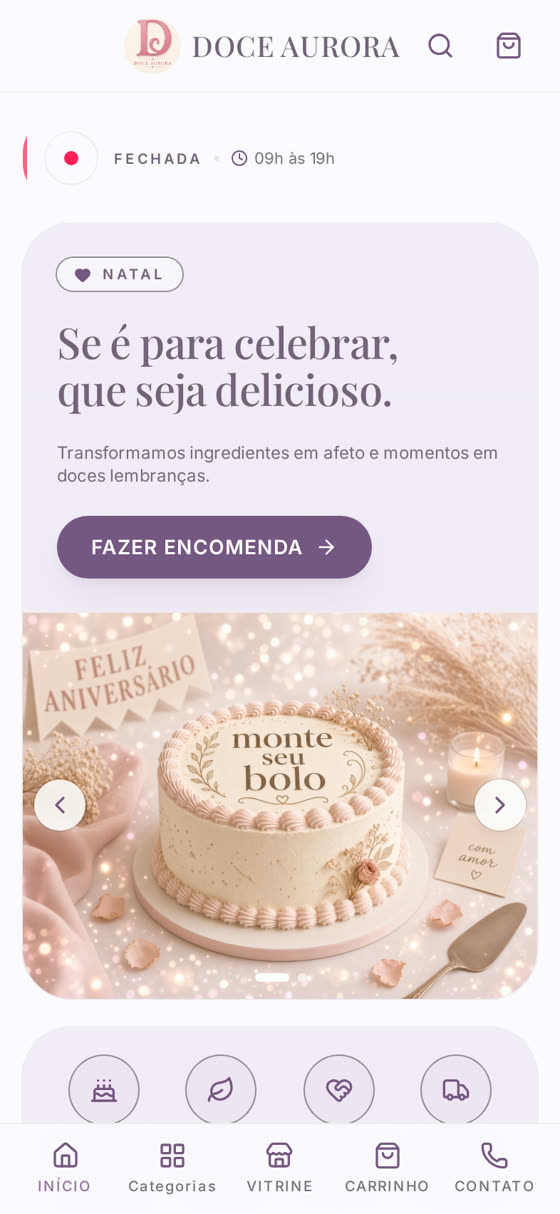 Página inicial do catálogo com a paleta Lavanda premium