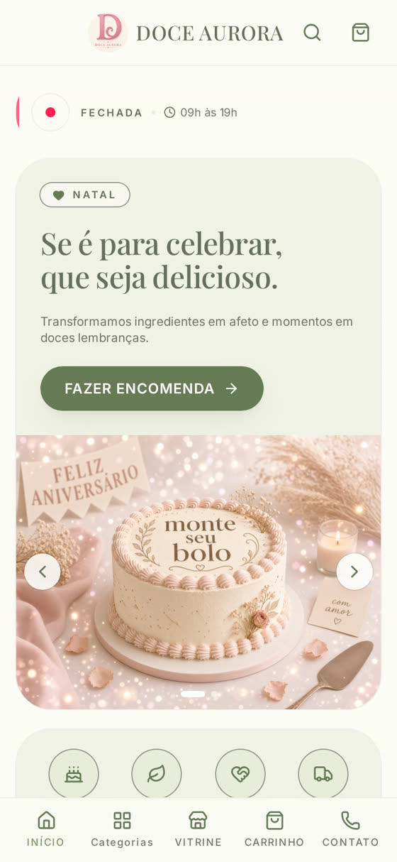 Página inicial do catálogo com a paleta Pistache elegante